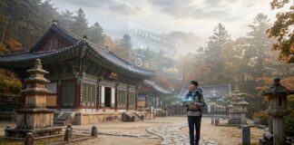 인파 없이 한적하고 고즈넉한 야외 숨은 산사의 풍경과 이를 분석하여 맞춤형 관광지로 추천하는 인공지능(AI) 빅데이터 네트워크 그래픽 요소.