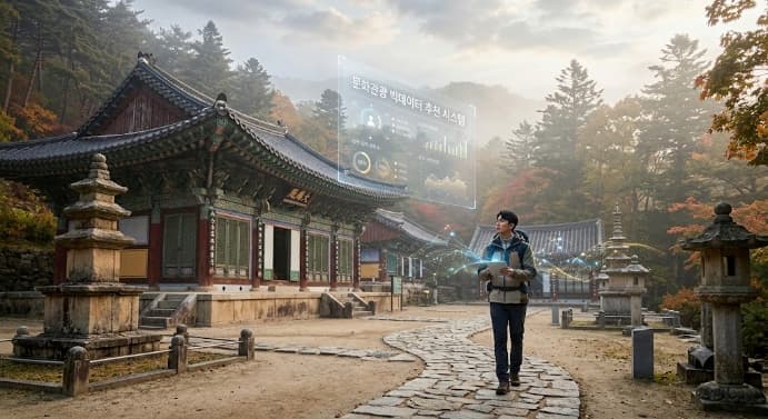 AI_bigdata_hidden_cultural_heritage_tour.jpg 인파 없이 한적하고 고즈넉한 야외 숨은 산사의 풍경과 이를 분석하여 맞춤형 관광지로 추천하는 인공지능(AI) 빅데이터 네트워크 그래픽 요소.