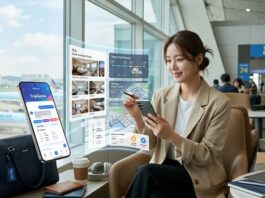 공항 라운지에서 스마트폰 AI 여행 앱 트립지니를 이용해 항공권과 호텔을 비교하며 여행 계획을 세우는 여성 여행객