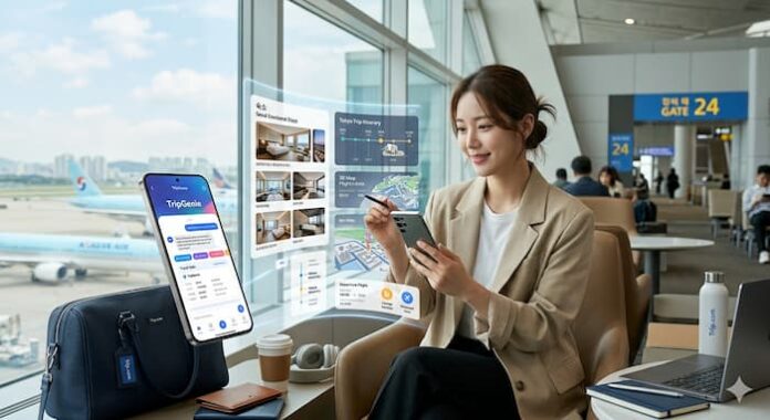 Gemini_Generated_Image_mjj2himjj2himjj2 공항 라운지에서 스마트폰 AI 여행 앱 트립지니를 이용해 항공권과 호텔을 비교하며 여행 계획을 세우는 여성 여행객