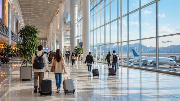 공항 터미널에서 이동하는 여행객과 항공기 모습으로 본 관광산업 이미지