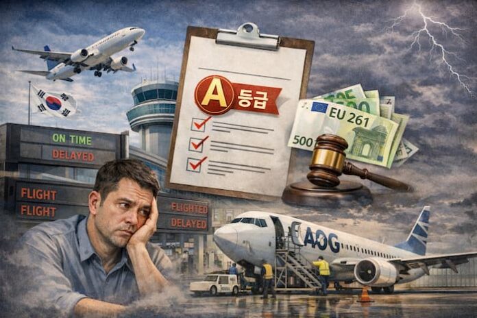 molit-air-service-rating-delays-cancellations-passenger-anxiety-korea-16x9.jpg 항공 지연과 결항으로 불안해하는 승객과 공항 전광판, 정비 중인 항공기를 담은 기사 대표 이미지