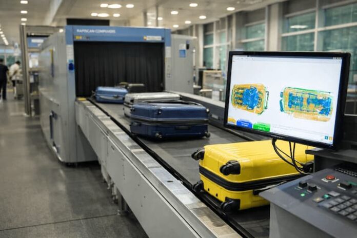 공항 수하물 검색 장비에서 캐리어가 엑스선 보안검색을 받는 모습
