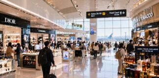 인천공항 분위기의 밝고 넓은 공항 면세점 내부와 화장품·주류 매장을 둘러보는 여행객들