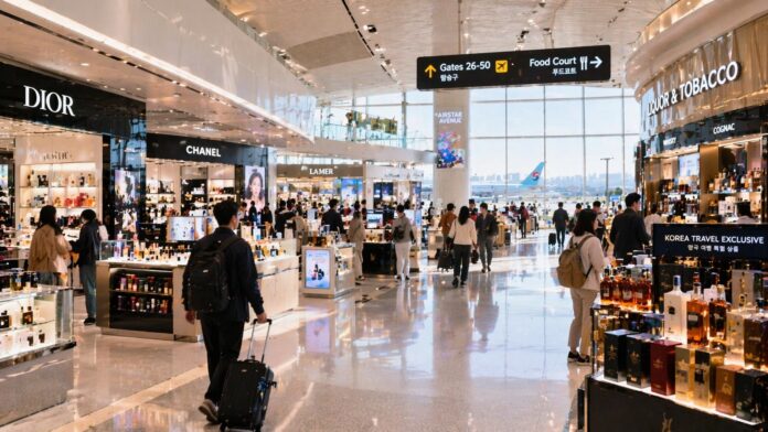 인천공항 분위기의 밝고 넓은 공항 면세점 내부와 화장품·주류 매장을 둘러보는 여행객들