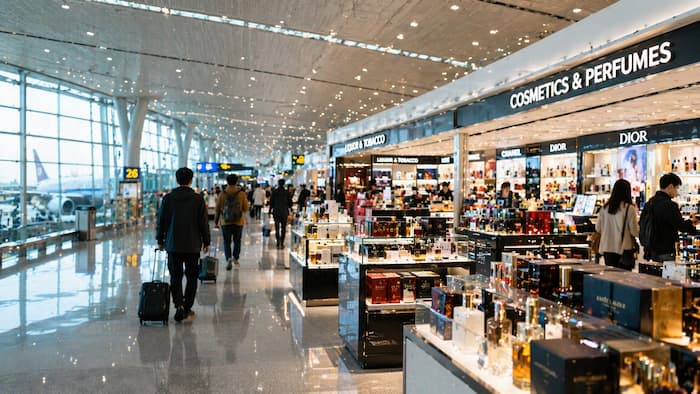 공항 면세점 복도형 매장 전경과 향수·화장품 코너를 지나는 여행객들