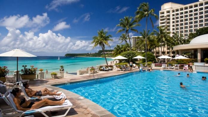 Resort and pool scene symbolizing the golden era of Saipan tourism