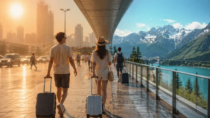 여름철 시원한 지역으로 떠나는 여행 수요 증가를 상징하는 공항 여행객 이미지