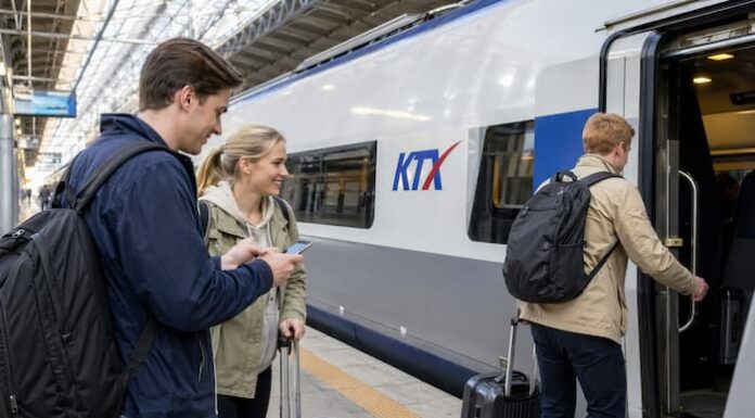 클룩, 외국인 여행객 코레일 예매 서비스 시작…지방 여행 더 쉬워질까 KTX 승강장에서 외국인 관광객이 스마트폰을 확인하며 열차에 탑승하는 모습