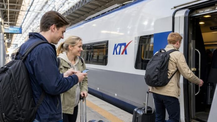 KTX 승강장에서 외국인 관광객이 스마트폰을 확인하며 열차에 탑승하는 모습