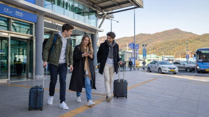 지방 기차역에 도착한 외국인 관광객이 짐을 끌고 이동하는 모습