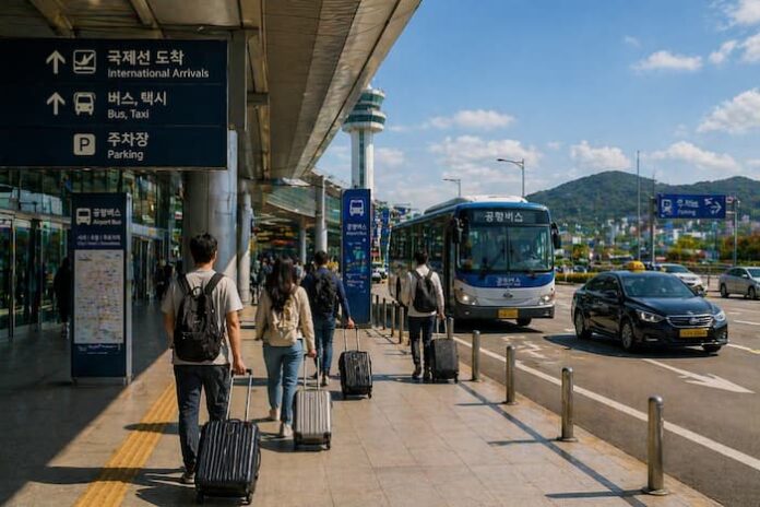 한국의 지방공항 터미널 앞에서 외국인 여행객들이 버스와 택시, 관광안내 동선을 찾고 있는 모습