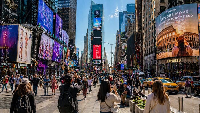 뉴욕 맨해튼 도심에서 여행객들이 관광을 즐기고 있는 모습