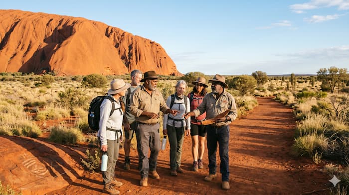 울루루 인근에서 문화 해설과 함께 걷기 여행을 체험하는 여행자들