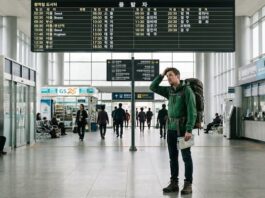 A foreign traveler standing confused at a regional Korean transport hub with mixed signage and limited multilingual guidance