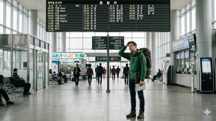 A foreign traveler standing confused at a regional Korean transport hub with mixed signage and limited multilingual guidance