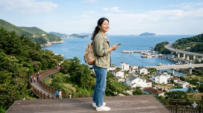 밝은 표정의 젊은 여행자가 탁 트인 풍경 앞에서 여행을 즐기는 모습