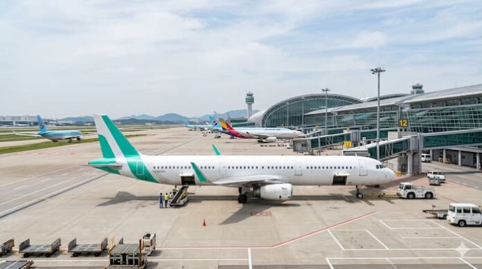 인천공항 활주로 인근에 서 있는 에어서울 항공기 이미지