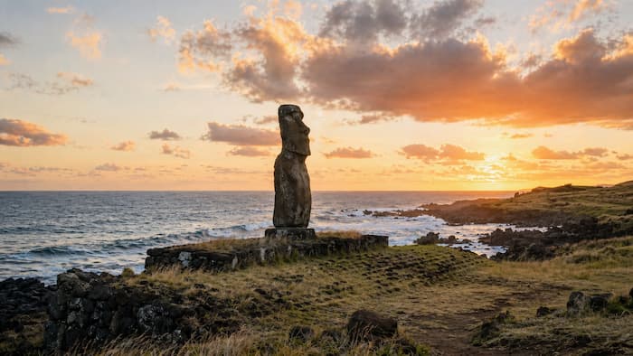 해가 기울 무렵 타하이의 모아이는 바다와 하늘 사이에서 가장 또렷한 얼굴을 드러낸다
