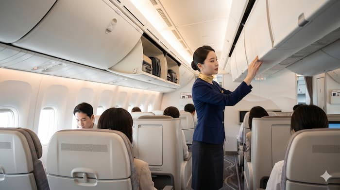 항공기 객실에서 승무원이 휴대 수하물과 기내 안전을 점검하는 장면