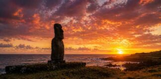 세상의 끝에서 만나는 인간의 자취 ㅣ 제 1부 이스터섬 이스터 섬 아후 타하이에서 마주한 붉은 저녁 하늘과 모아이