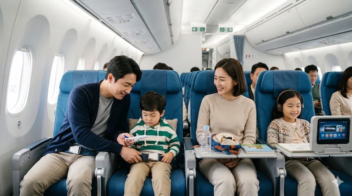 항공기 안에서 가족 좌석에 함께 앉은 아이 동반 여행객 이미지