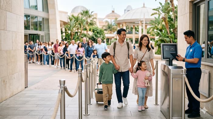 관광지에서 대기 시간을 줄이고 편하게 입장하는 가족 여행객 이미지