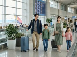 돈보다 시간, 고생보다 편의…2026 가족 여행의 키워드는 ‘효율’ 공항에서 아이와 함께 편안하게 이동하는 가족 여행객 이미지