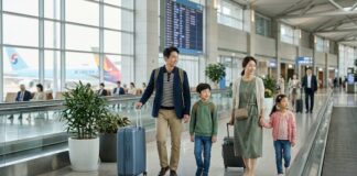 돈보다 시간, 고생보다 편의…2026 가족 여행의 키워드는 ‘효율’ 공항에서 아이와 함께 편안하게 이동하는 가족 여행객 이미지