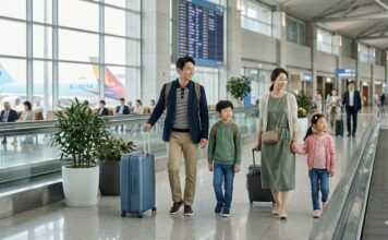 돈보다 시간, 고생보다 편의…2026 가족 여행의 키워드는 ‘효율’ 공항에서 아이와 함께 편안하게 이동하는 가족 여행객 이미지