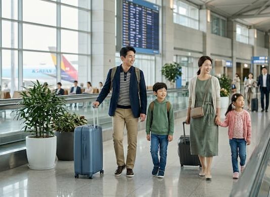 돈보다 시간, 고생보다 편의…2026 가족 여행의 키워드는 ‘효율’ 공항에서 아이와 함께 편안하게 이동하는 가족 여행객 이미지
