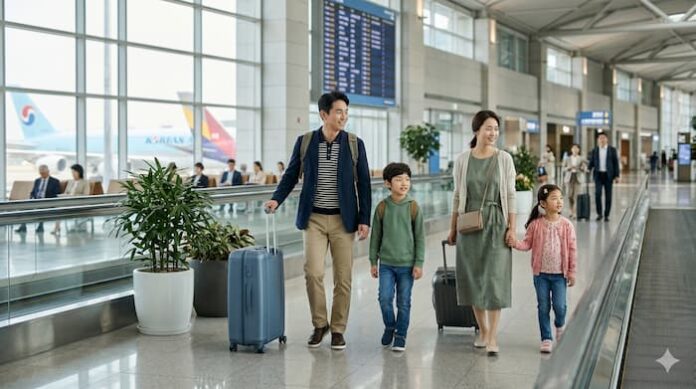 공항에서 아이와 함께 편안하게 이동하는 가족 여행객 이미지