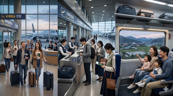 인바운드 트래블, 아웃바운드 트래블, 도메스틱 트래블의 차이를 상징하는 공항과 국내 여행 이미지