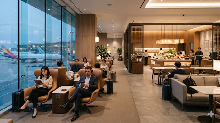 인천공항 라운지에서 출국 전 휴식을 취하는 여행객들