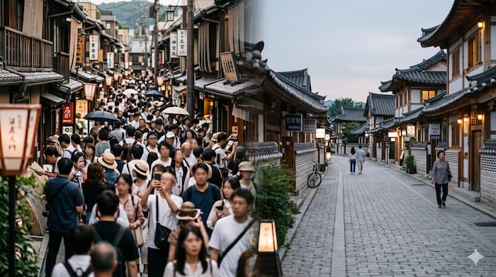일본의 혼잡한 관광지와 한국 지방 관광지의 여유 있는 숙박 공급을 대비한 이미지
