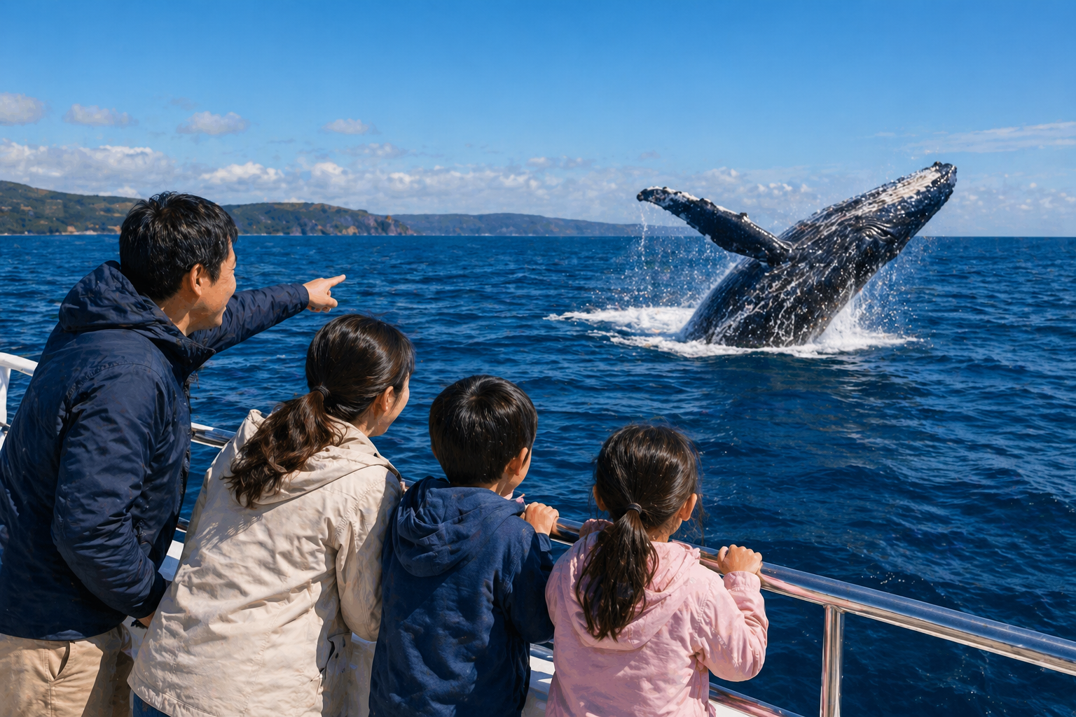 뉴사우스웨일즈 해안에서 가족 여행객이 겨울 고래 관찰을 즐기는 장면