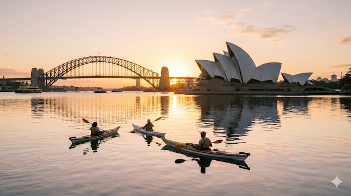 시드니 하버에서 오페라하우스와 하버브리지를 배경으로 카약을 타는 여행자들