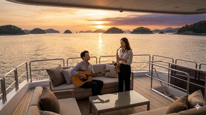 통영 바다 노을 속 요트 위에서 진행되는 라이브 버스킹 공연
