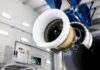 Large aircraft engine mounted inside Korean Air’s engine test cell facility in Incheon
