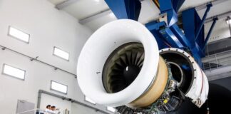 Large aircraft engine mounted inside Korean Air’s engine test cell facility in Incheon