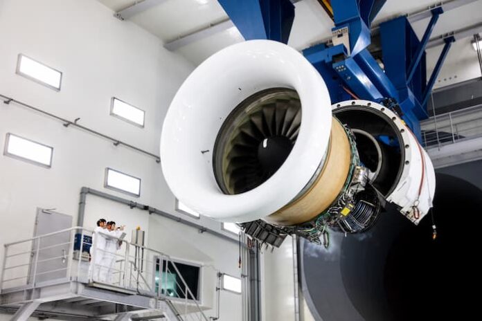 Large aircraft engine mounted inside Korean Air’s engine test cell facility in Incheon