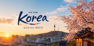 한국 전통과 현대가 조화를 이루는 여행 포스터 스타일의 이미지