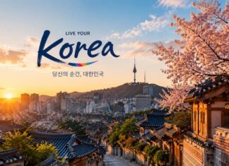 한국 전통과 현대가 조화를 이루는 여행 포스터 스타일의 이미지