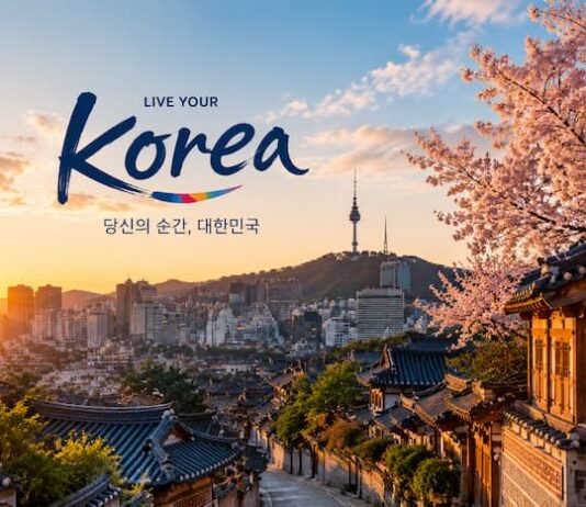 한국 전통과 현대가 조화를 이루는 여행 포스터 스타일의 이미지