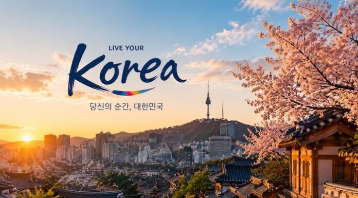 한국 전통과 현대가 조화를 이루는 여행 포스터 스타일의 이미지