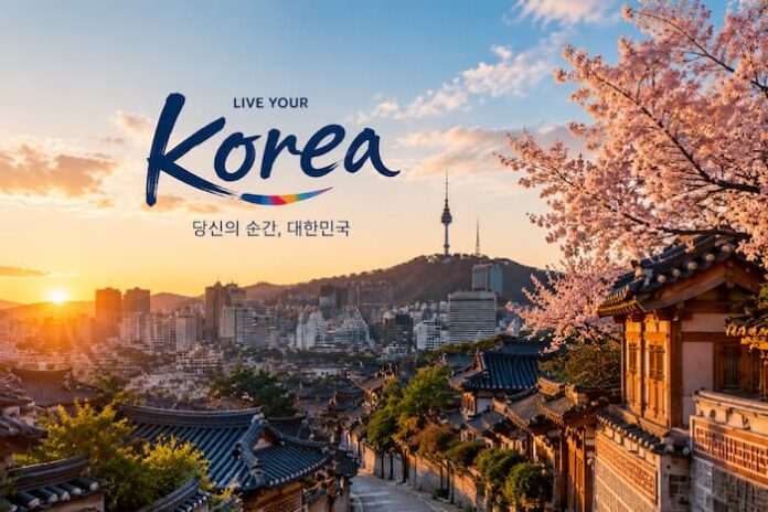 한국 전통과 현대가 조화를 이루는 여행 포스터 스타일의 이미지
