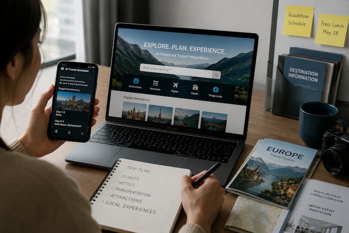 Independent traveler planning a trip through AI travel tools and digital platforms
