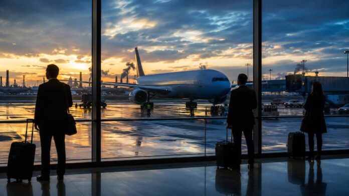 중동 위기와 유가 상승 우려 속 공항 창가에서 항공기 운항 상황을 지켜보는 여행객들