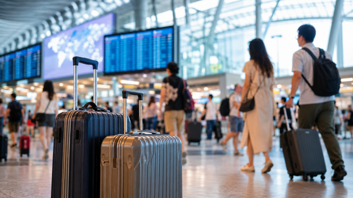 공항 출국장에 놓인 여행 가방과 항공편 안내 전광판 분위기