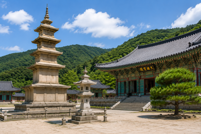 속리산 법주사 경내 석탑과 대웅보전 풍경